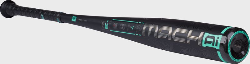 Angled view of a black/mint 2025 Rawlings Mach AI BBCOR bat