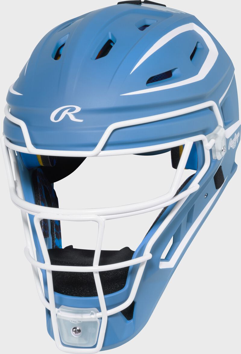 A columbia blue Mach Pro Series catcher's helmet