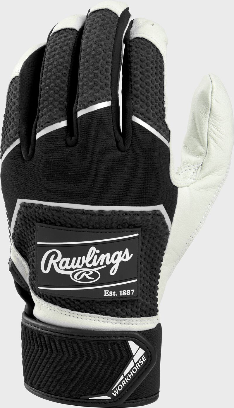 Back of a black 2022 workhorse batting glove with a black Rawlings patch - SKU: WH22BG-B loading=