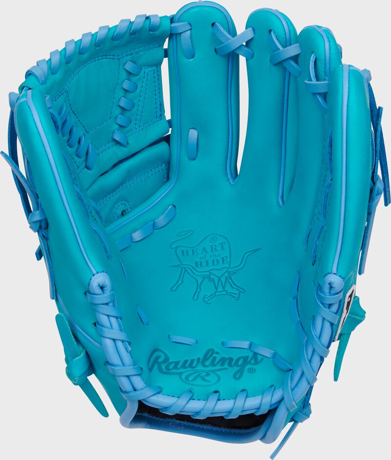 Palm of a teal Rawlings Heart of the Hide infield/pitcher's glove with teal laces