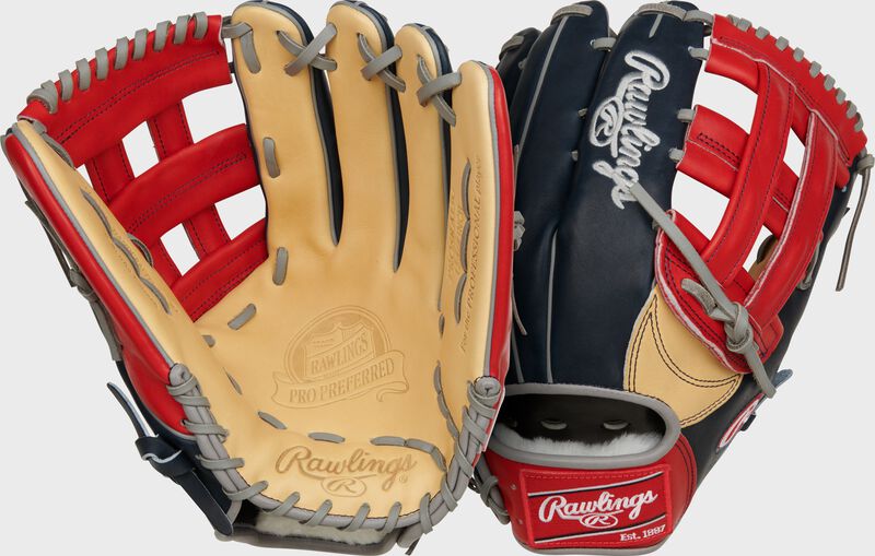 Two images showing the palm & back of a camel/navy/scarlet Ronald Acuna Jr. Pro Preferred outfield glove