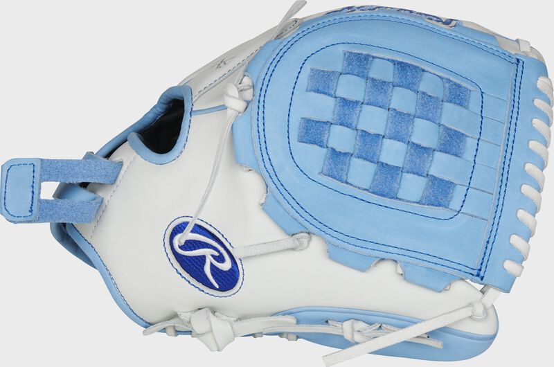Thumb of a white RLA120-3CB Liberty Advanced Color Series 12-Inch infield/pitcher's glove with a columbia blue Basket web