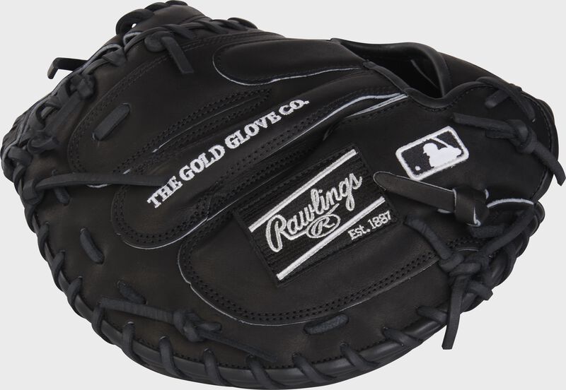Back of a black HOH R2G 33" blackout catcher's mitt with a black Rawlings patch and MLB logo - SKU: RSGPRORCM33B
