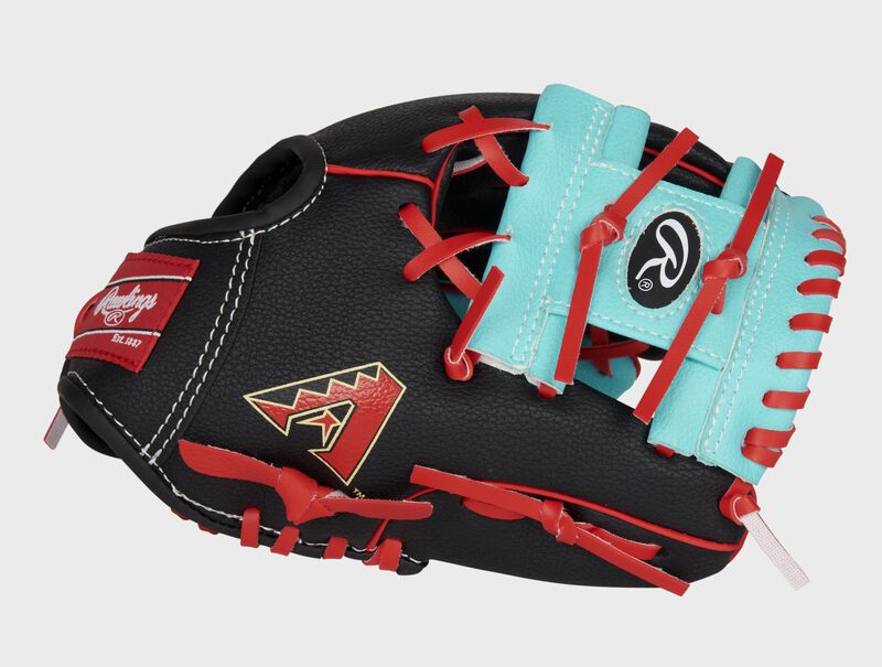 Thumb of a black/teal Arizona Diamondbacks 10-Inch team logo glove with a teal I-web and D-Backs logo on the thumb - SKU: 22000010111