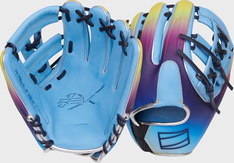 Two images showing the palm & back of a Columbia blue/navy Rawlings REV1X Francisco Lindor Infield glove loading=