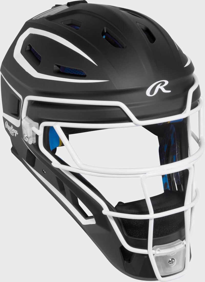 Front right of a black Rawlings Mach Pro Series catcher's helmet