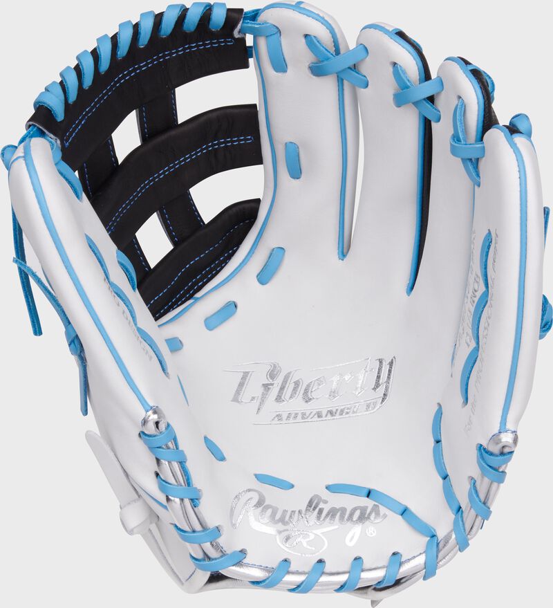 White palm of a Rawlings Liberty Advanced fastpitch glove with Columbia blue laces