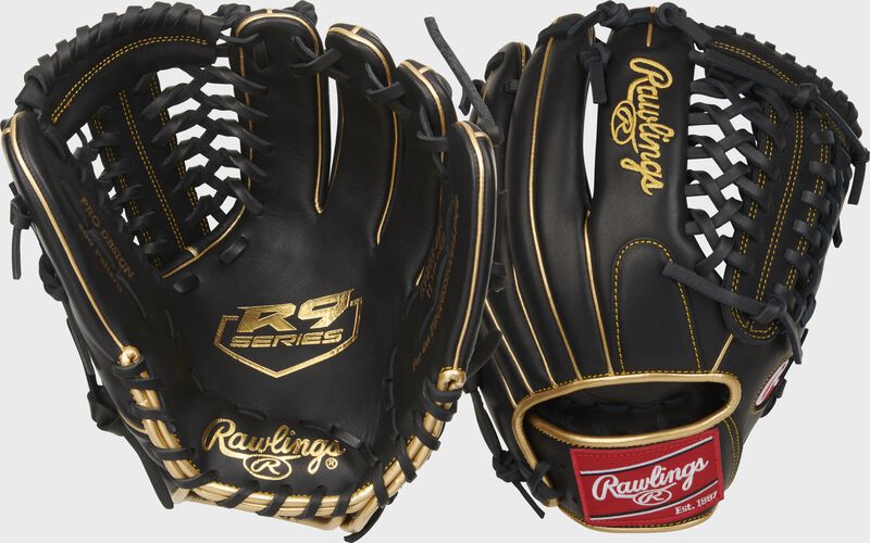 Two images showing the palm & back of a black R9 Series 11.75" infield/pitcher's glove