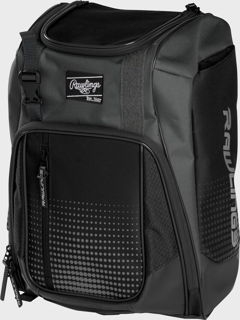 Front angle of a black Franchise backpack with gray accents and black Rawlings patch logo - SKU: FRANBP-B