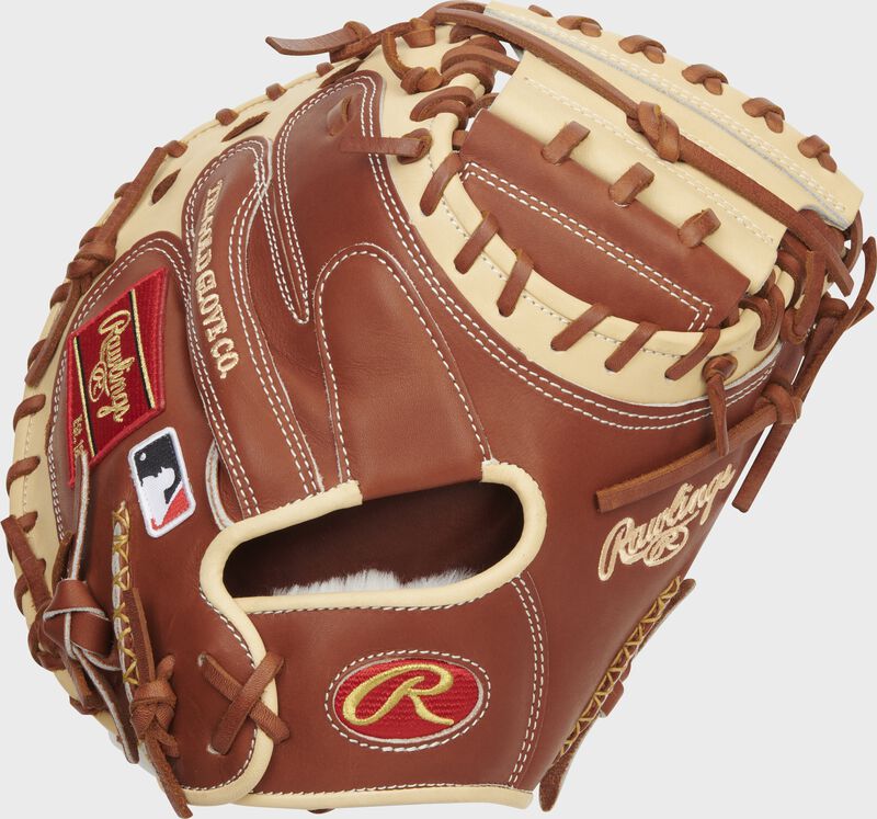 Bruciato back of a 2022 33-Inch Pro Preferred catcher's mitt with a red Rawlings patch - SKU: PROSCM33BRC