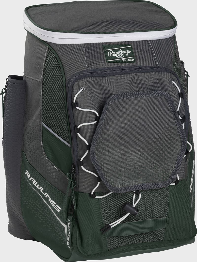 Front left angle of a dark green Rawlings Impulse bag with gray accents - SKU: IMPLSE-DG