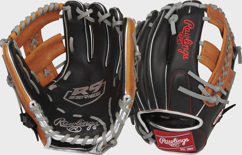 Front and Back of a Rawlings R9 ContoUR 11" infield glove - SKU: R9110U-19BT