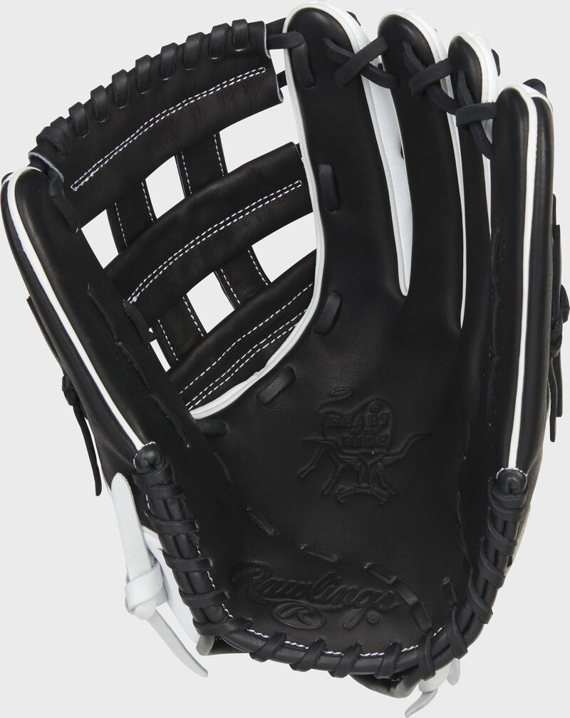Black palm of a Rawlings Heart of the Hide softball outfield glove with black laces - SKU: PRO1275SB-6BSS loading=
