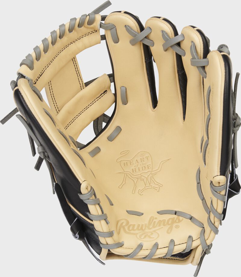 Camel palm of a Rawlings Heart of the Hide Hyper Shell infield glove with gray laces - SKU: PRO204-2CBCF loading=