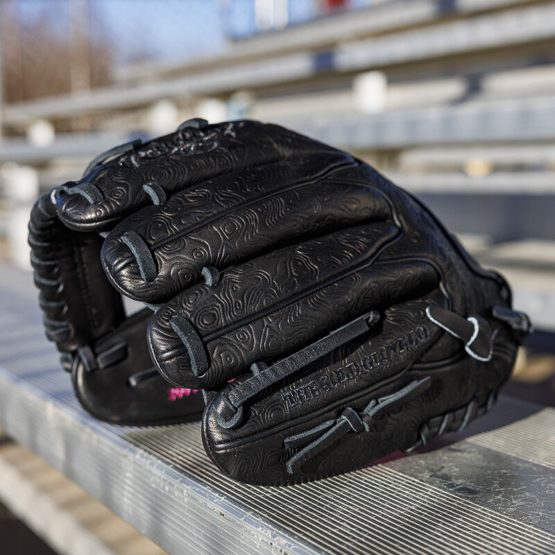 Picture of the back of a black Rawlings R2G Heart of the Hide 11.5" glove on a bench