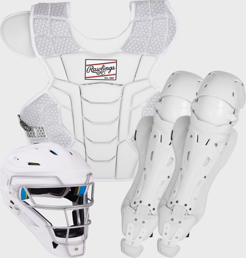 A white Mach catcher's gear set with a white helmet, chest protector and leg guards - SKU: MKITN-W/W loading=