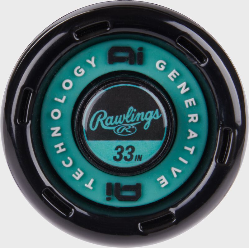Black/mint knob of a 33" Mach AI BBCOR baseball bat