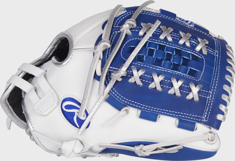 Thumb of a white/royal 2022 Liberty Advanced Color Series 12.5-Inch fastpitch glove with a royal x-laced basket web - SKU: RLA125-18WRP
