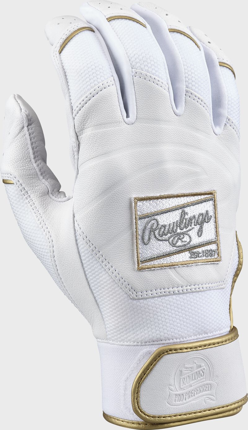 Back of a white Pro Preferred batting glove - SKU: PROPRFBG-WHWH