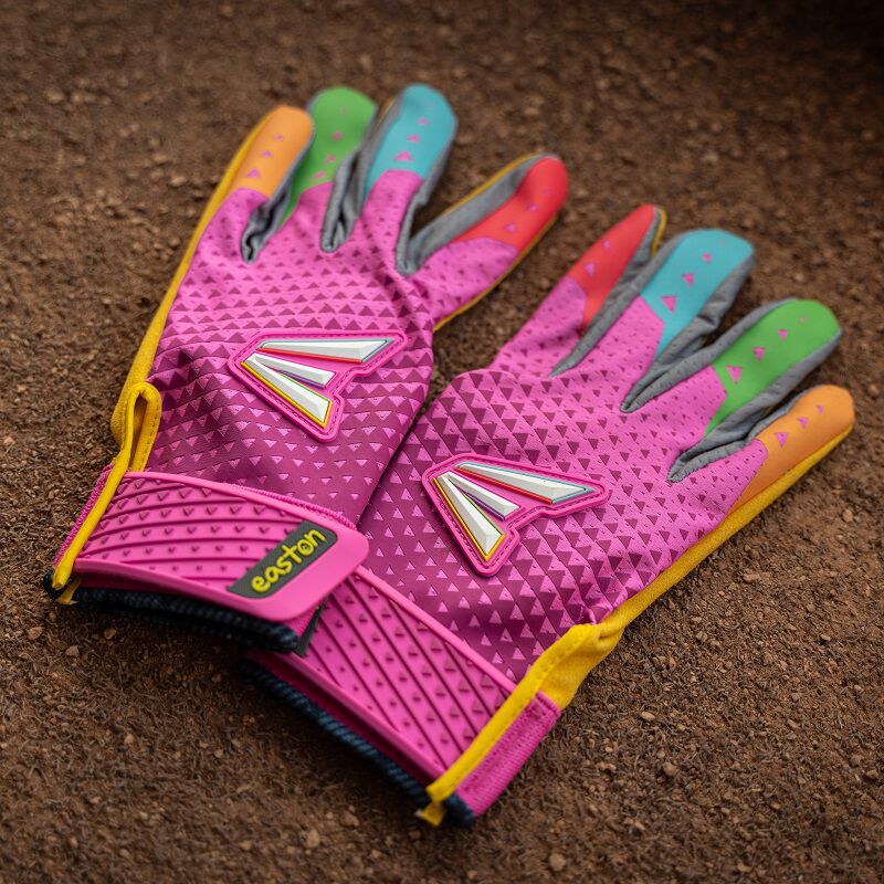 Picture of the back of a pair of pink Easton x Happiness Project Ghost NX fastpitch batting gloves loading=