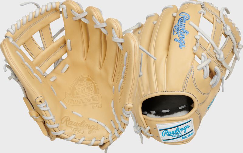 2 views showing the palm/back of a camel Rawlings 11.5" Pro Preferred V-web infield glove - SKU: PROSNP4-7CW