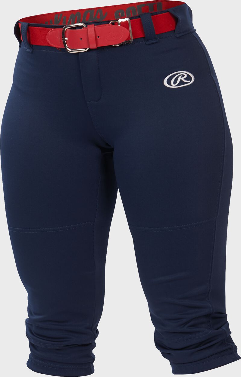 WLNCH navy Women's launch softball pants with a scarlet belt loading=