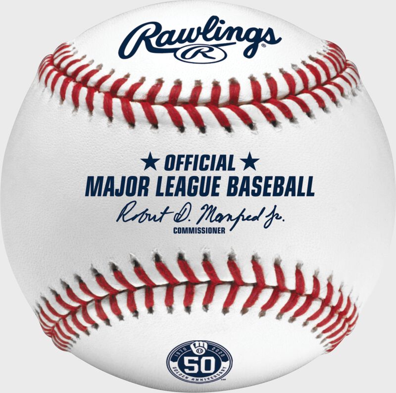 A MLB 2020 Milwaukee Brewers 50th Anniversary baseball with the official Major League Baseball stamp - SKU: ROMLBMB50 