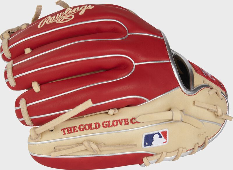 Scarlet/camel back of a Heart of the Hide R2G 11.5" I-web glove with the MLB logo on the pinky - SKU: PROR934-2CS