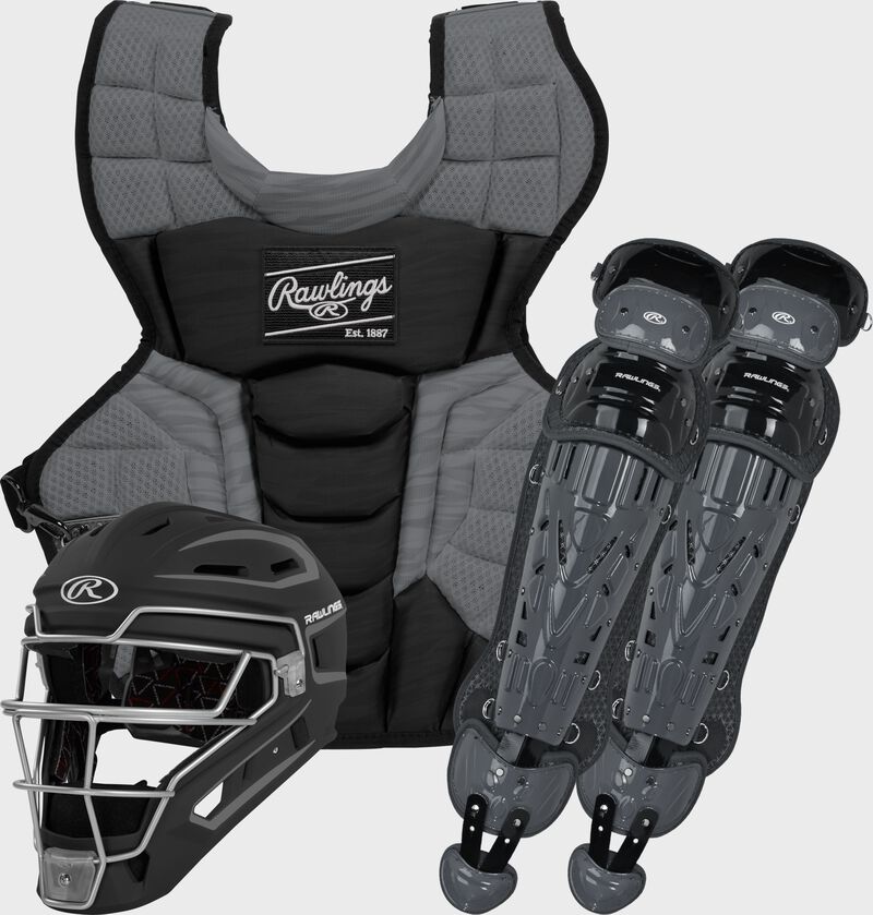 A black Velo 2.0 catcher's gear set with a catcher's helmet, chest protector and leg guards - CSV2A-B/GPH loading=