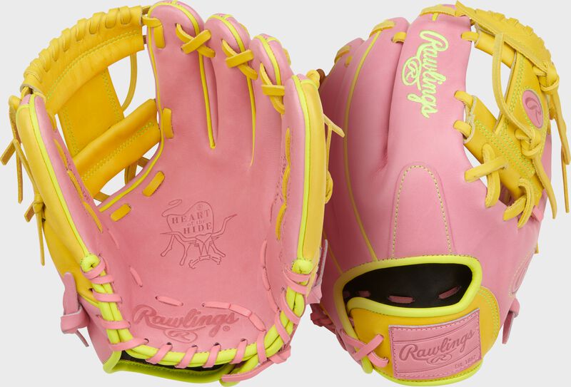 Two images showing the palm & back of a pink/yellow Heart of the Hide ContoUR Fit 11.5-Inch ink infield glove