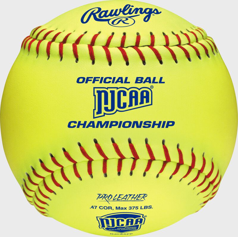 A yellow NJCAA 12" official softball with the NJCAA logo
