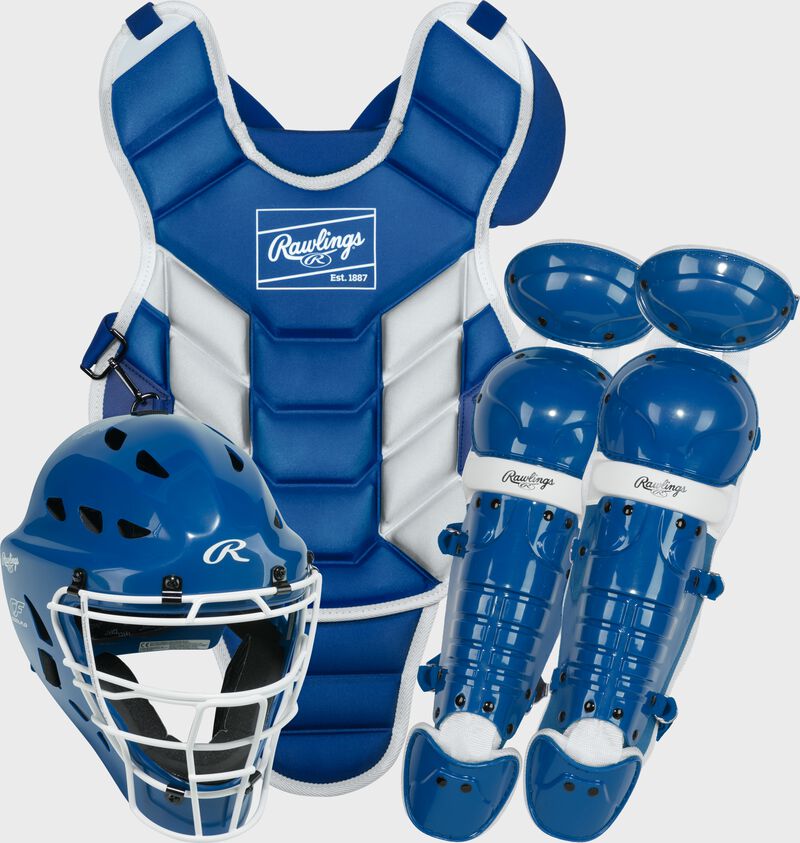 A royal Rawlings Players 3 Series catcher's set with a helmet, chest protector, and leg guards