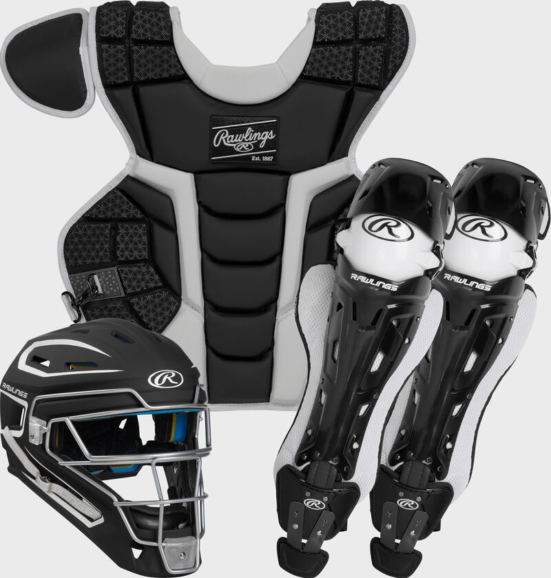 A black/white Mach catcher's gear set with a black/white helmet, chest protector and leg guards - SKU: MKITN-B loading=