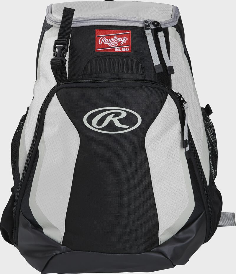 Front of a black/white R500 Rawlings Players team backpack with a Rawlings patch and white Oval R