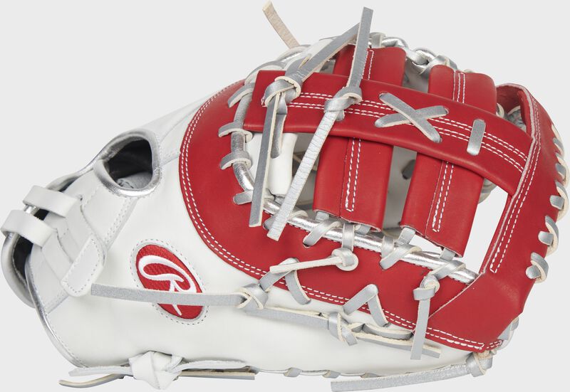 Thumb of a white/scarlet Liberty Advanced Color Series 13-Inch first base mitt with a scarlet web - SKU: RLADCTSBWSP loading=