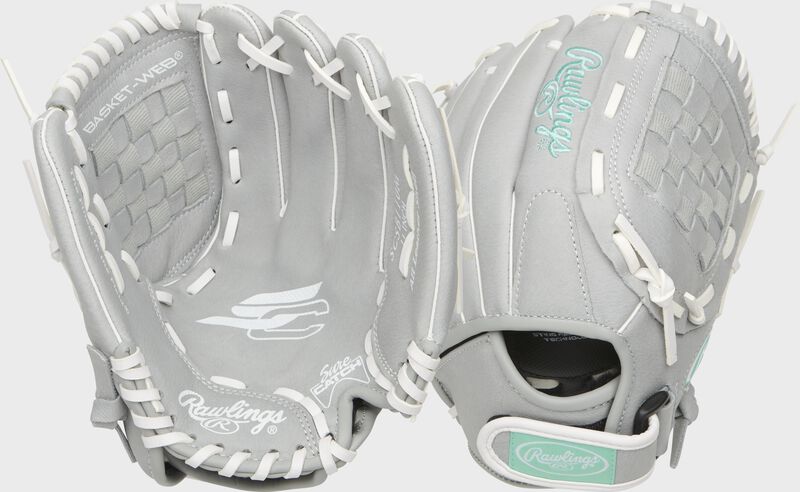 Two images showing the palm & back of a gray Sure Catch softball 11" youth glove loading=