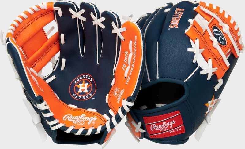 Two images showing the palm & back of a Houston Astros team logo youth glove loading=