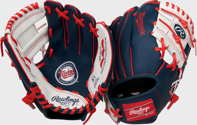 Two images showing the palm & back of a navy Minnesota Twins team logo youth glove loading=
