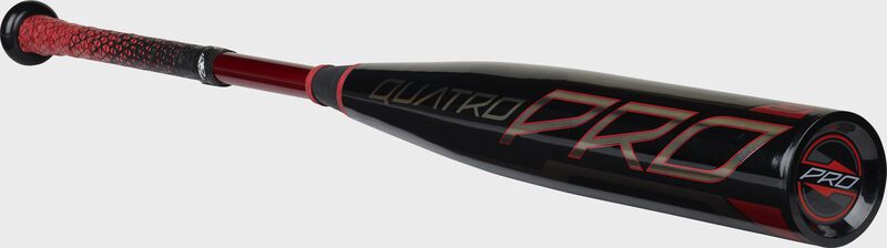 Angled view of a 2021 Quatro Pro BBCOR -3 Bat with a black end cap - SKU: BB1Q3 loading=