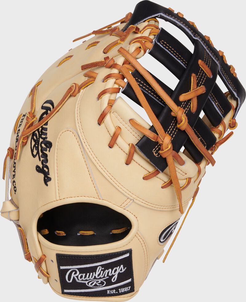 Back of a camel/black Heart of the Hide 13" DCT 1st Base mitt with a black Rawlings patch