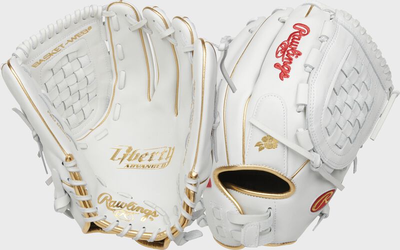 Two images showing the palm & back of a white Liberty Advanced 12.5" Keilani Ricketts pattern glove