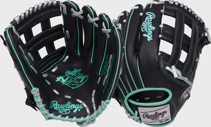2 images showing the palm & back of a black Rawlings NXT Series 12.5" outfield glove