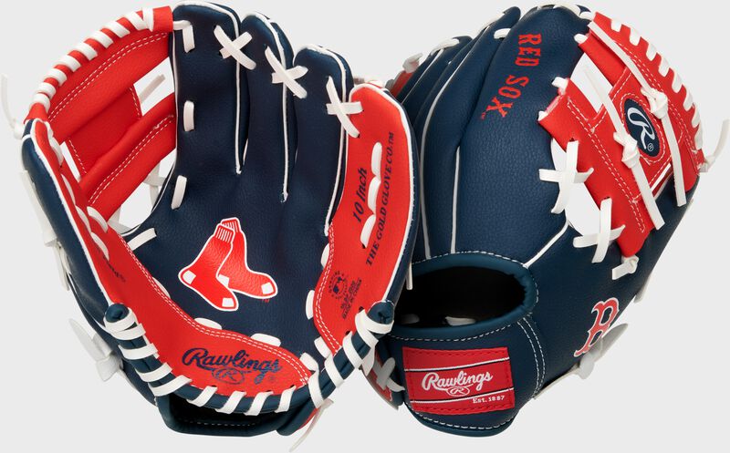 Two images showing the palm & back of a navy/red Boston Red Sox team logo youth glove loading=