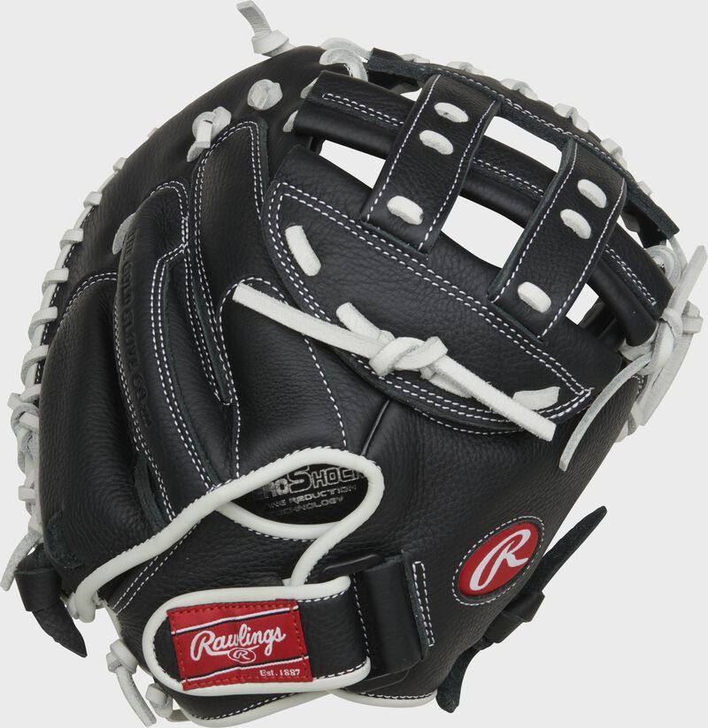 Back of a black Shut Out 31.5" catcher's mitt with a Velcro strap back - SKU: RSO315BW loading=