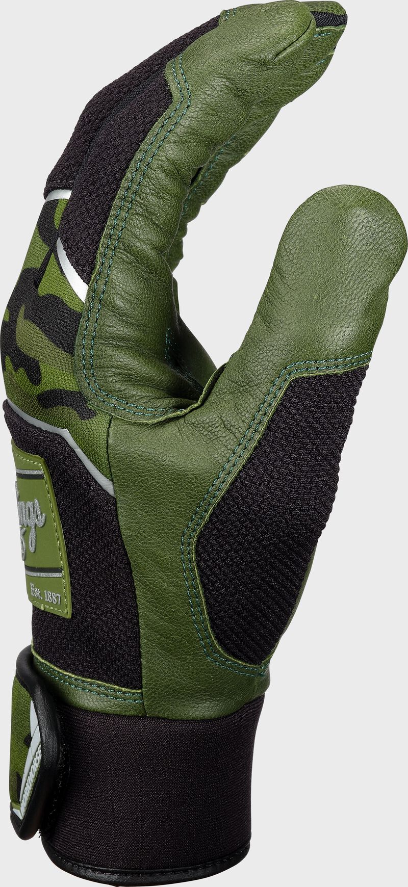 Green/black thumb of a camo Workhorse batting glove - SKU: WH22BG-AC loading=