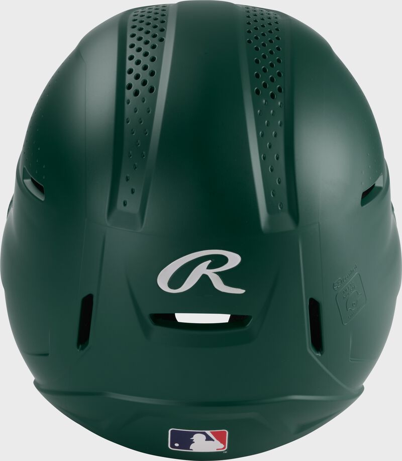 Back of a dark green Rawlings RX2 batting helmet