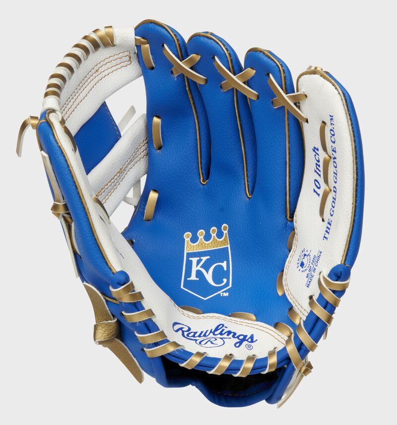 A blue/white Rawlings Kansas City Royals youth glove with the Royals logo stamped in the palm - SKU: 22000026111