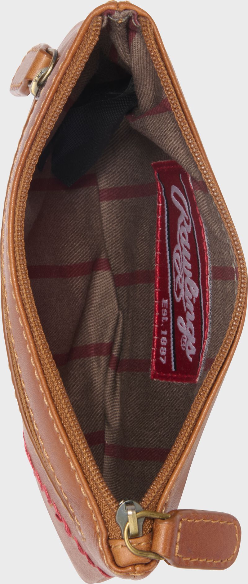Inside view of a tan Rawlings Double Play Coin Purse