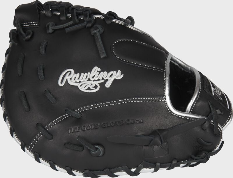 Back of a black Rawlings Encore 12-Inch first base mitt with the MLB logo on the pinky - SKU: ECFBM-10B