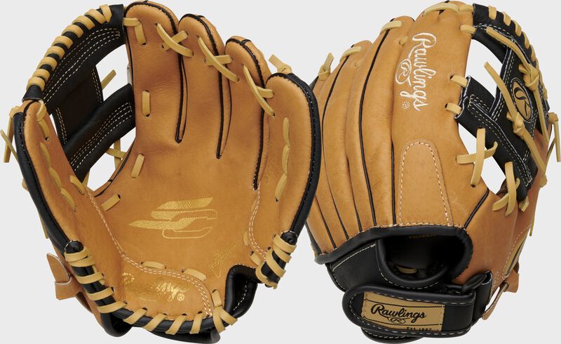 Two images showing the palm & back of a tan Sure Catch 10" youth I-web glove loading=